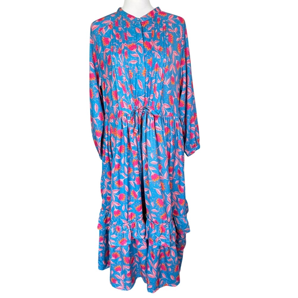 BRITON COURT Womens Large Blue Pink Floral Tiered Long Sleeve Midi Dress Pockets